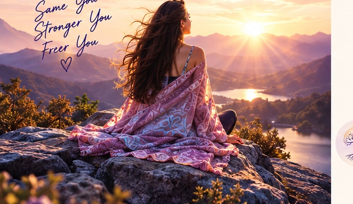 Woman sitting on a cliff at sunrise